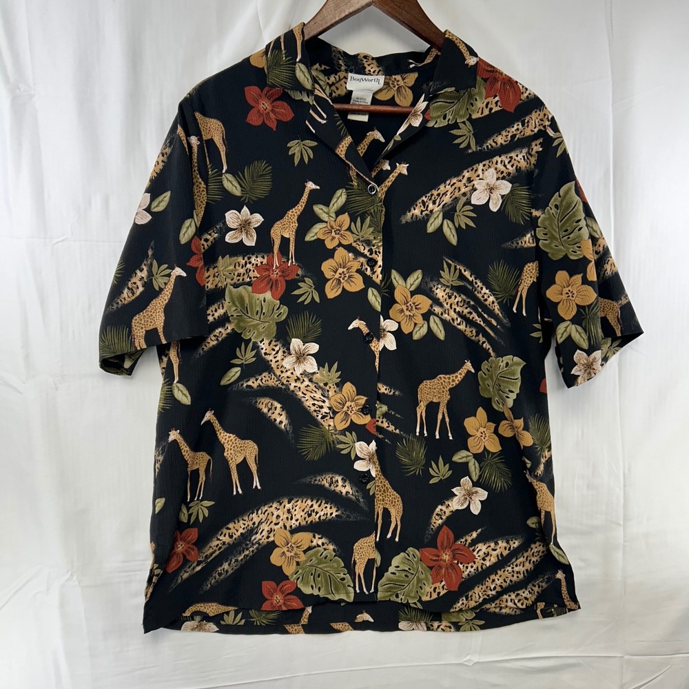 BonWorth Button Up Shirt Womens Medium Black Giraffe Tropical Safari Short Slv